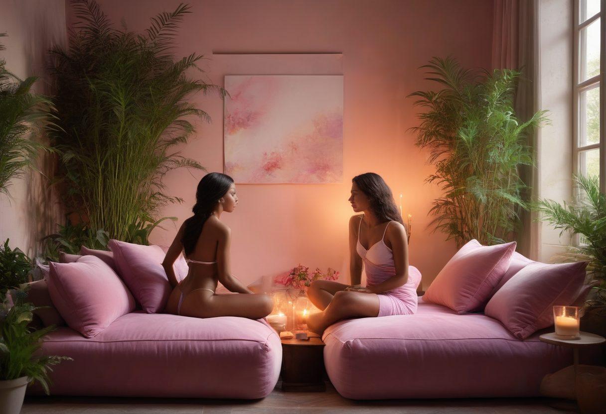 A serene and intimate setting featuring a softly lit room adorned with lush plants, plush cushions, and candles. The focal point is a graceful silhouette of two figures engaged in a tender and respectful pose, symbolizing connection and sensuality. Surrounding them are gentle flowing fabrics that evoke a sense of comfort and warmth, infused with shades of lavender and soft pink. This composition reflects the themes of sexual wellness and intimacy, inviting a sense of tranquility and exploration. super-realistic. soft lighting. vibrant colors.